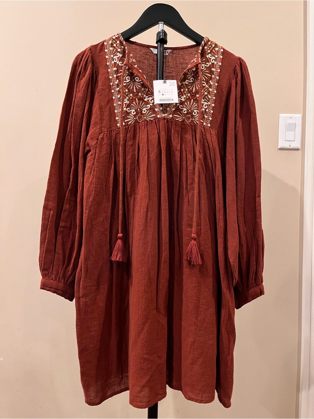 NWT Zara Terracotta Embroidered Boho Cotton Linen Mini Dress Size S